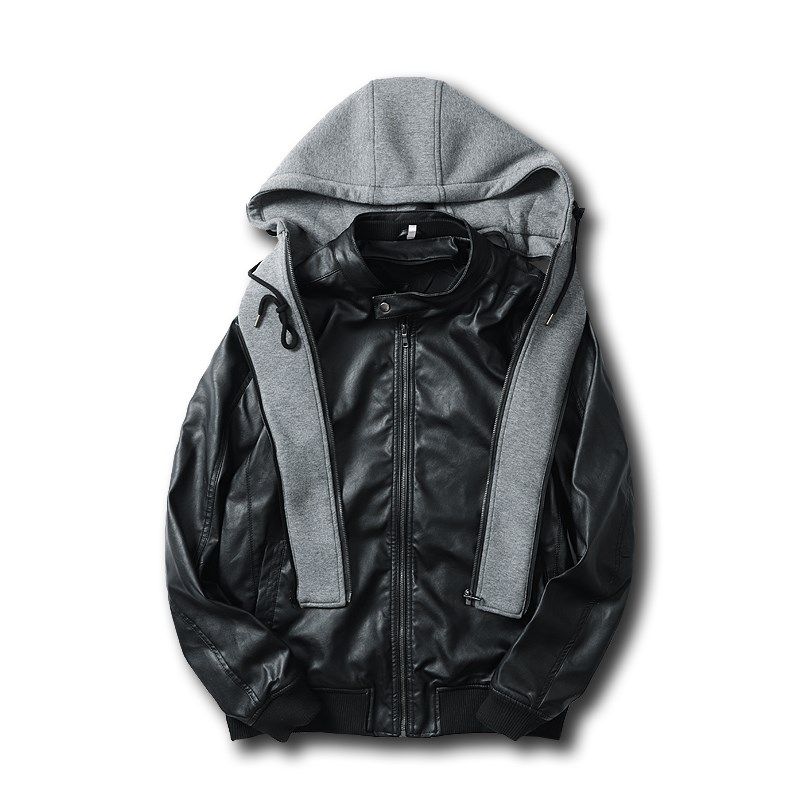 假两件皮衣外套男2021秋冬新款黑色连帽大码宽松休闲皮夹克上衣潮