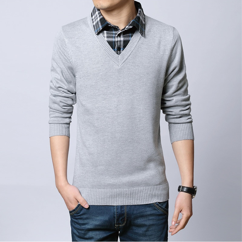 男装春秋外套修身时尚休闲衬衫领简洁长袖套头有领假两件打底毛衣