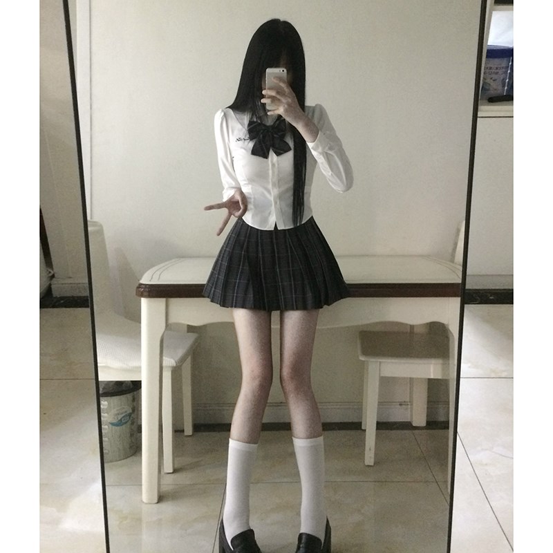 秋季女学院风收腰衬衫吉尔小姐长袖素描板裙子两件套东京岁时记jk