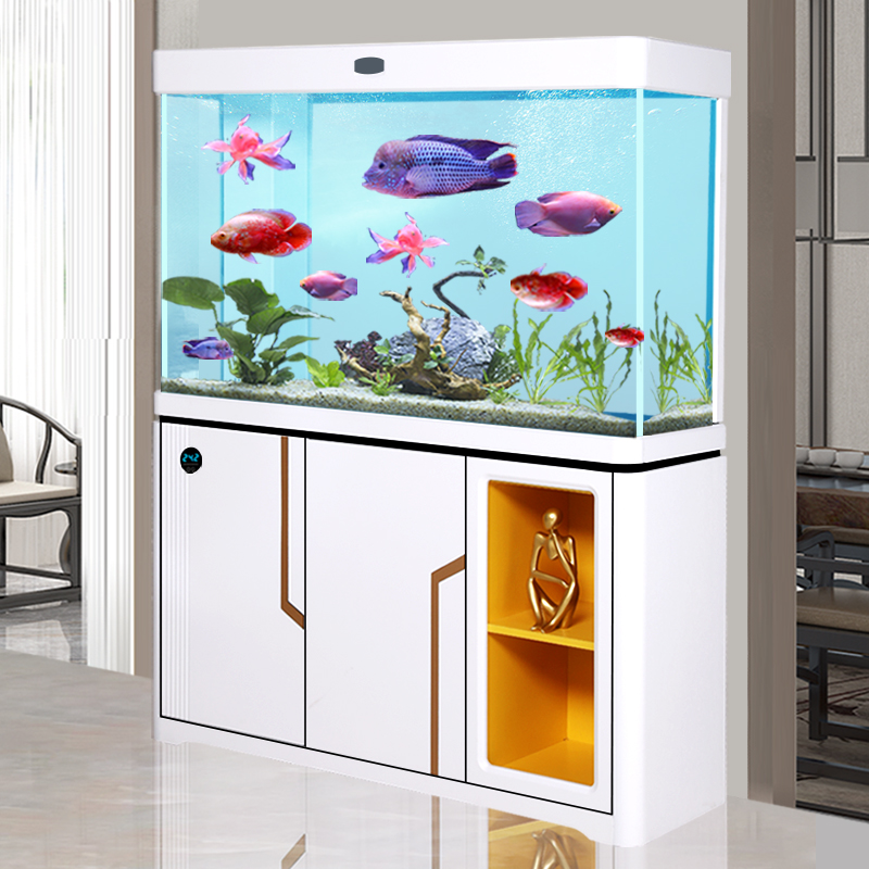 家用客厅大型落地鱼缸玄关屏风隔断柜带鱼缸底滤超白透明玻璃定制