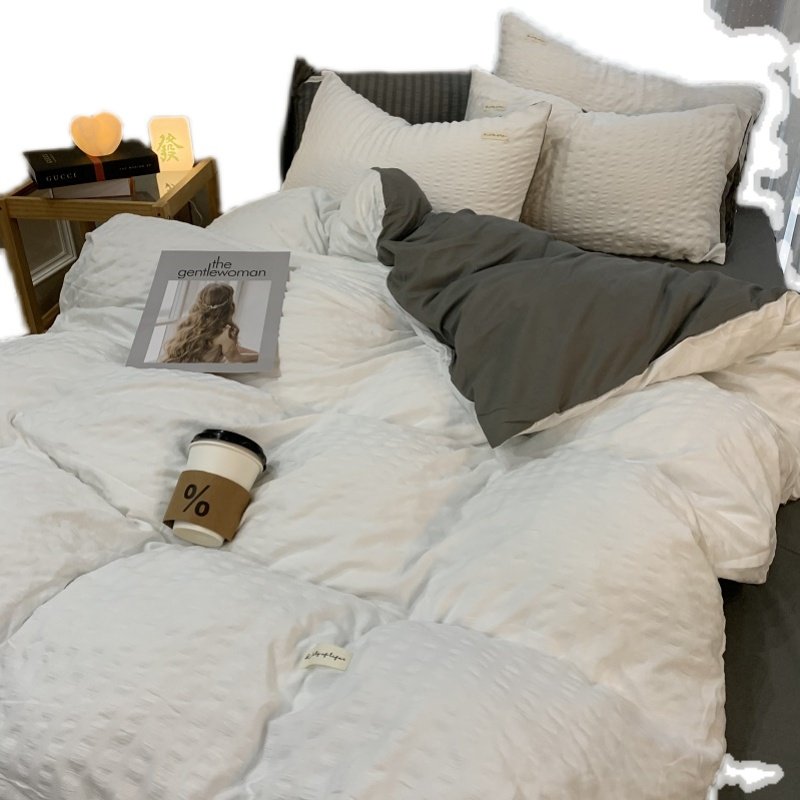 日式水洗棉四件套2M白色泡泡被套床单宿舍床上三件套单人床品男女