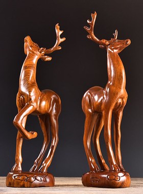 木雕摆件梅花鹿实木质雕刻动物办公客厅玄关酒柜装饰开业工艺礼品