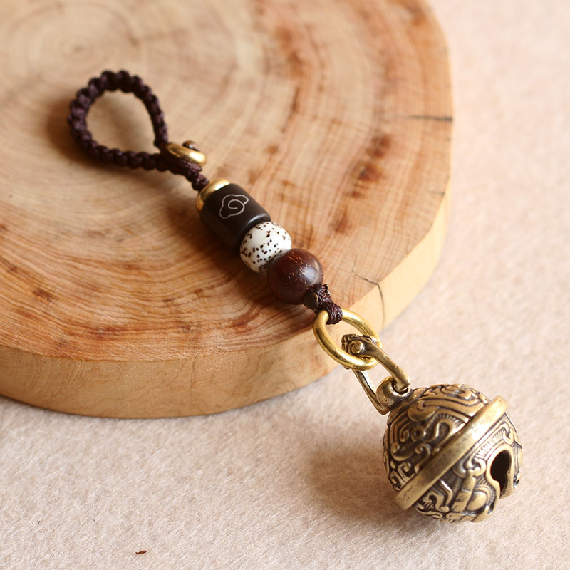 复古黄铜钥匙扣纯铜手工饕餮铃铛汽车钥匙链挂件小吊坠饰品男女士