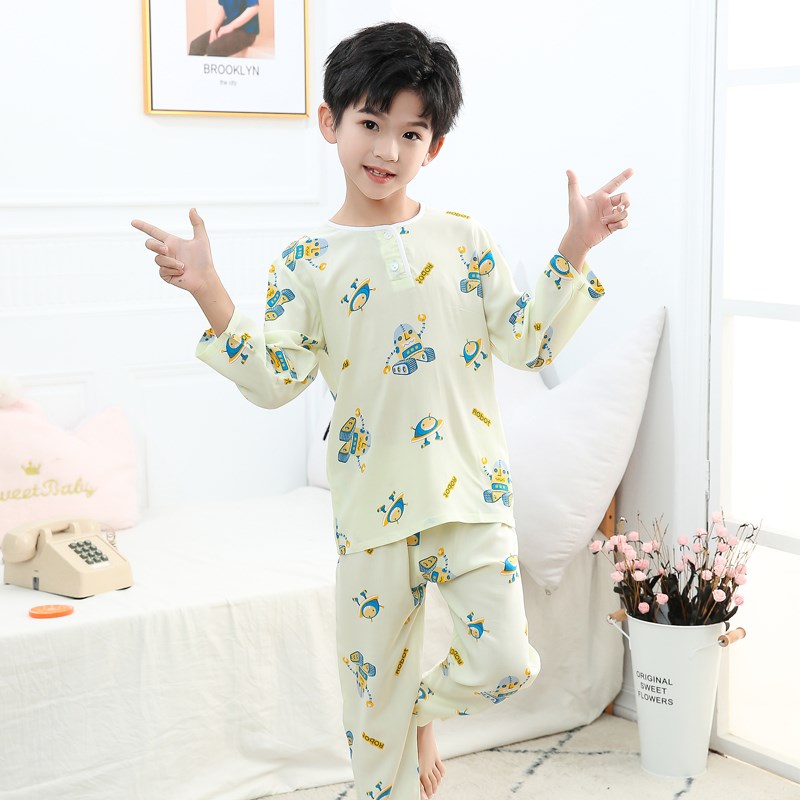 夏季棉绸儿童睡衣套装男童长袖薄款女童绵绸大童空调服小孩家居服