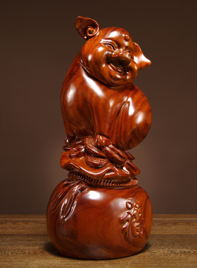 花梨木雕福猪摆件实木质生肖猪工艺礼品摆饰家居客厅送礼电视柜装