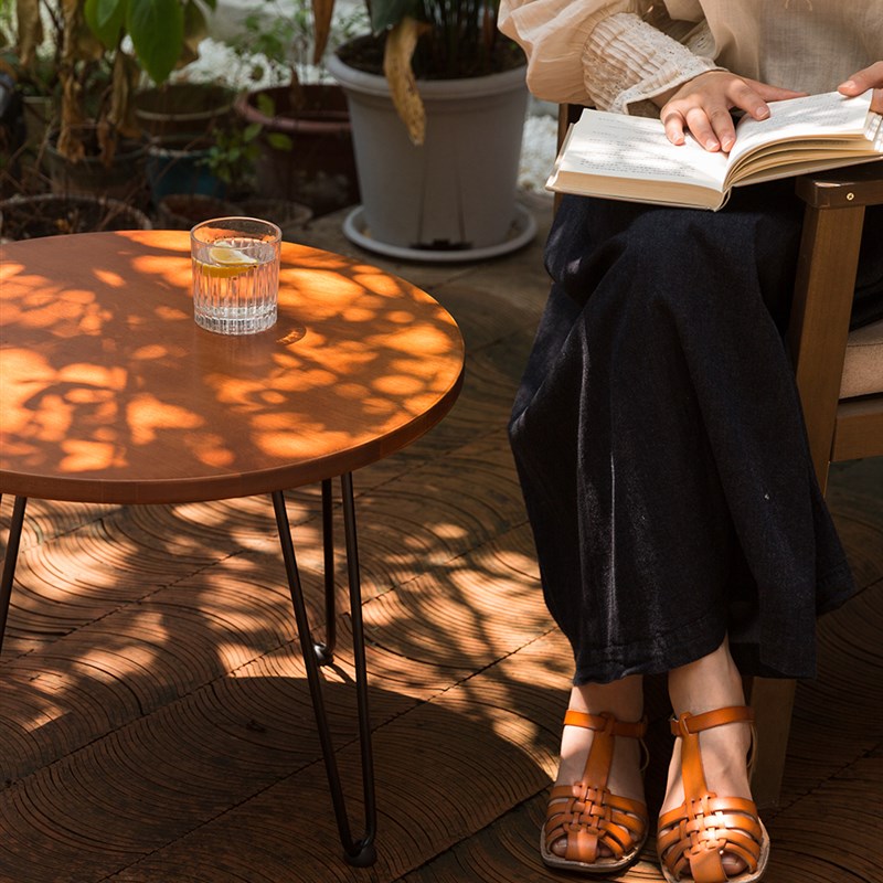 圆形茶几北欧日式桦木实木小户型茶几小户型樱桃木色中古客厅边几