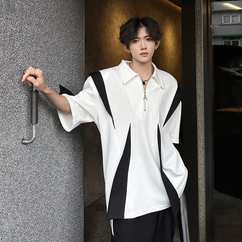 夏季小众黑白撞色拼接解构短袖T恤男半拉链设计感垫肩上衣polo衫