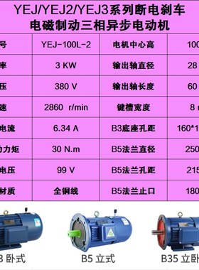 YEJ2电磁制动断电带m刹车三相异步电动机马达0.75KW1.1千瓦1.52.2