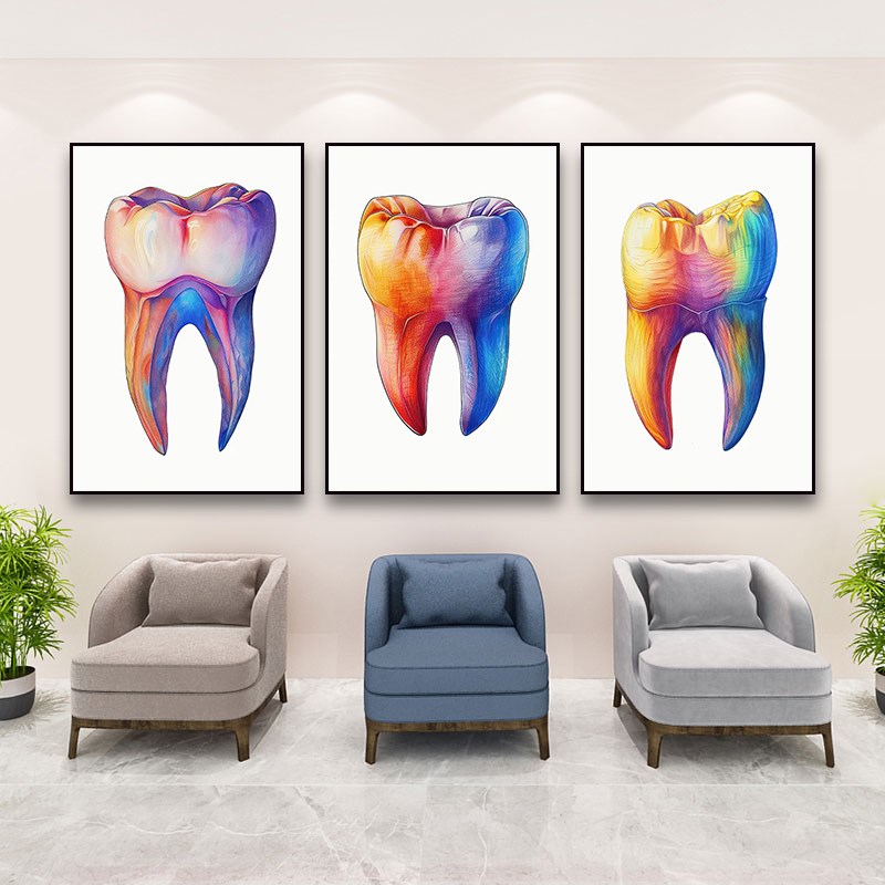 手绘油画风彩色牙齿装饰画口腔医院背景墙创意挂画牙科诊所壁画图片