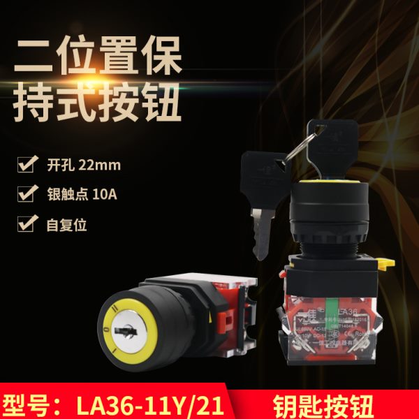 一佳LA36-11Y/21自锁2档带钥匙按钮电源开关 2常开22MM