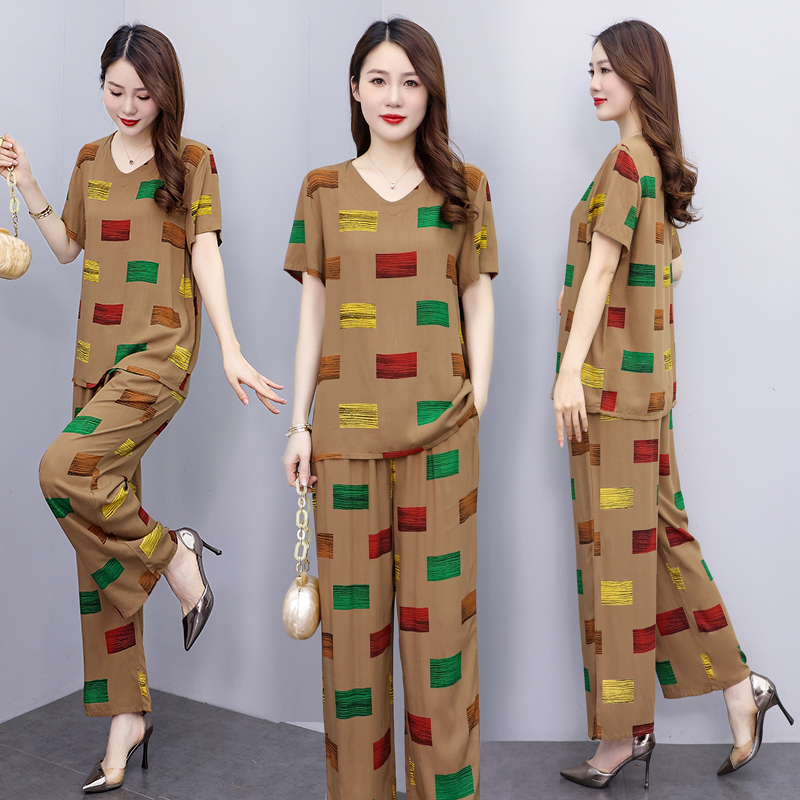 中老年女装衣服奶奶棉绸睡衣妈妈夏装套装上衣短袖两件式套装家居