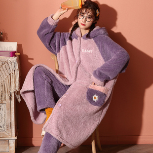 加绒浴袍 睡裙女士可爱睡袍法兰绒春秋冬款 冬季 珊瑚绒睡衣加厚长款