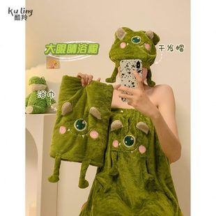 可穿可裹浴裙吸水速干不掉毛家用毛巾浴袍式 可爱大眼仔浴巾女冬季