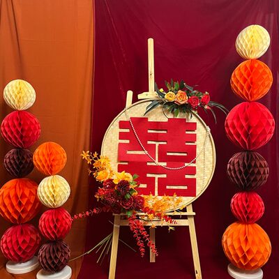 中式结婚礼农村小院门口簸箕画架迎宾牌装饰订婚喜字楼梯口布置