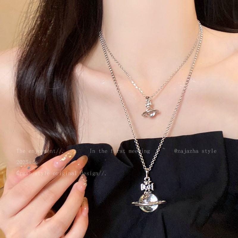 细节满分~西太后立体土星项链女夏高级感长款轻奢超闪锁骨链配饰