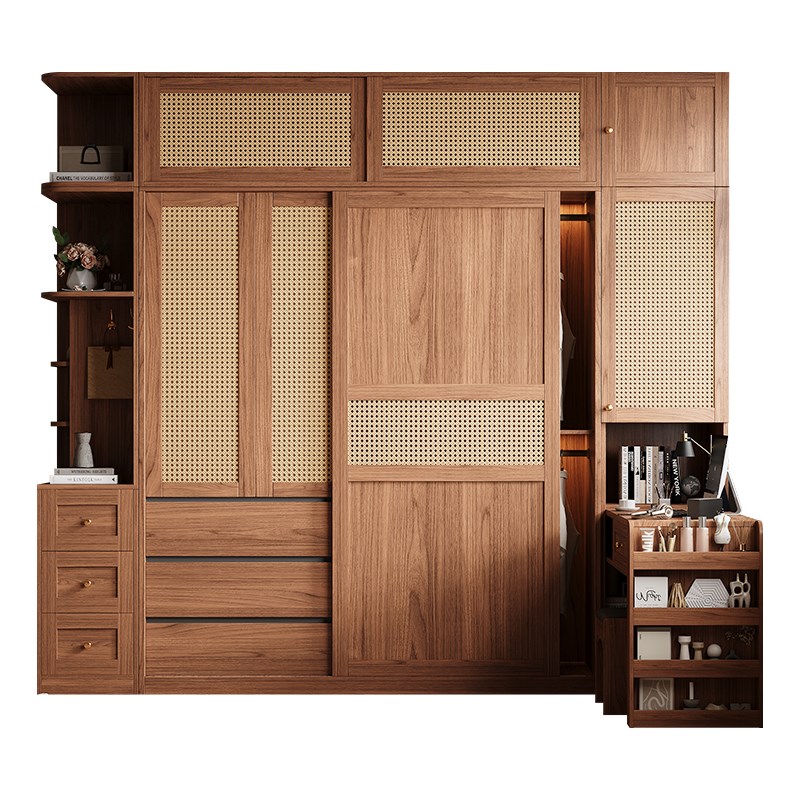 藤编推拉门衣柜中古风卧室衣服收纳柜小户型新款滑移门成品大衣橱