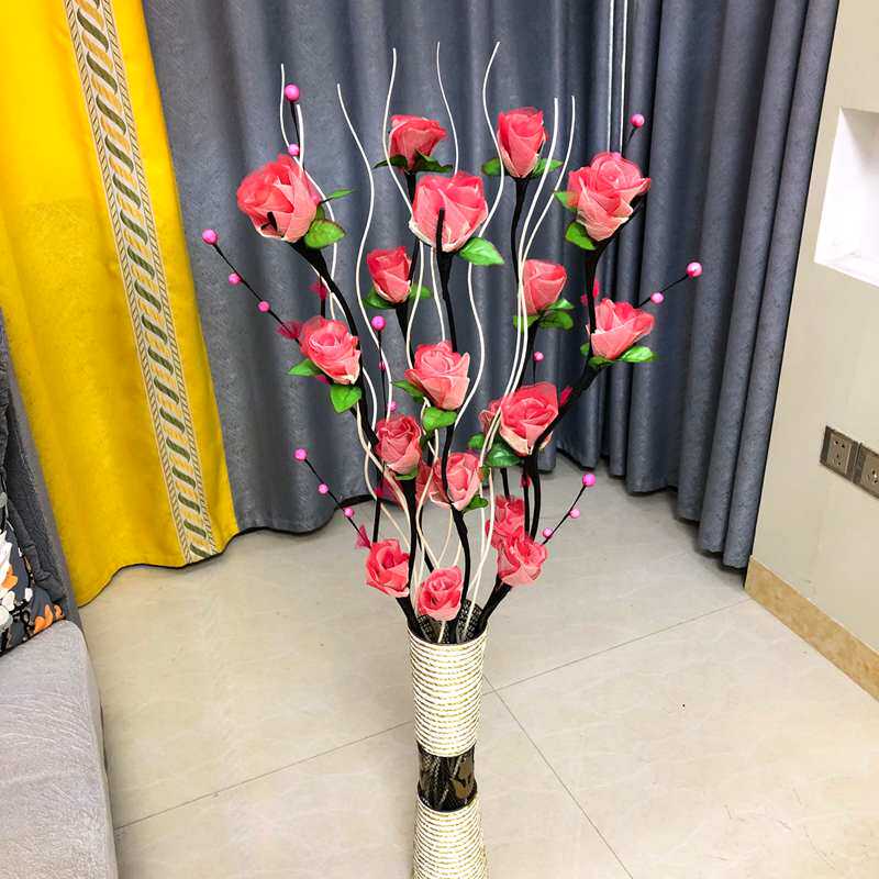 叶脉干客厅落地假仿真干枝插玫瑰摆放束玄饰