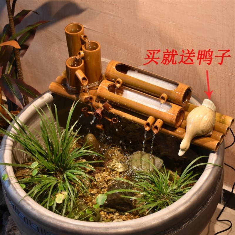 假山鱼池瀑布阳台小型金鱼缸增氧竹子流水石槽喷泉风轮