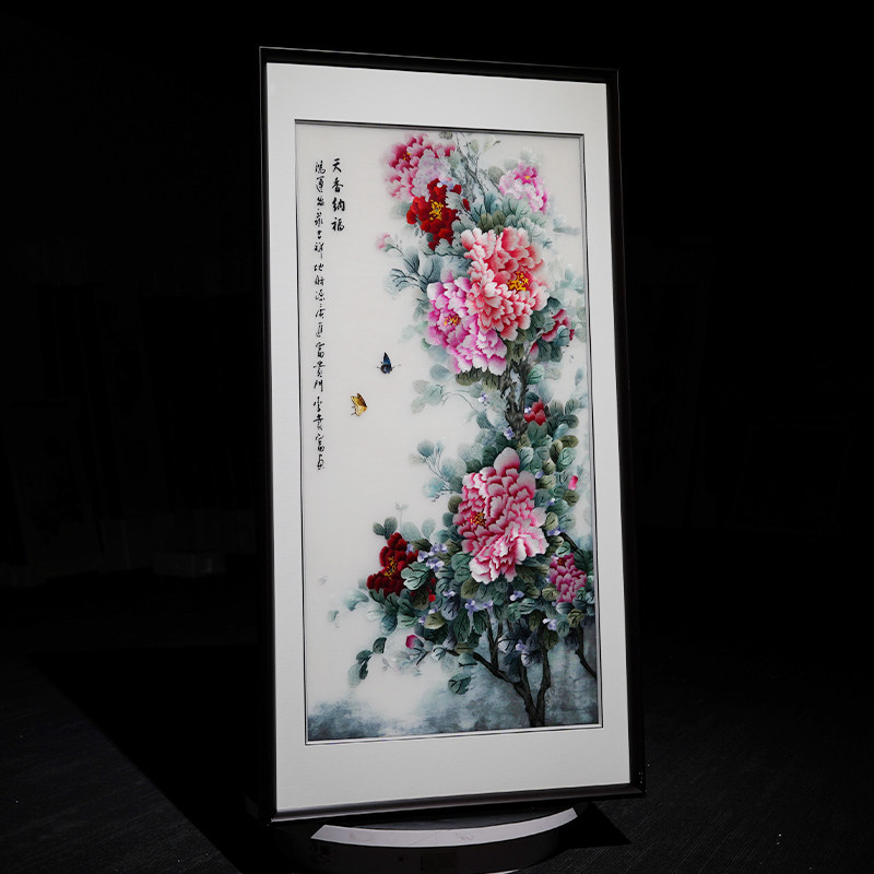 入户玄关客厅新纯手工牡丹刺绣苏州端苏绣成品装饰挂画艺术