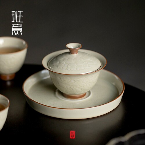 蜜合釉浮雕牡丹婴才盖碗茶杯单茶碗带盖烫手泡茶器