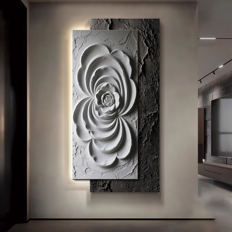 玄关装饰画肌理花朵立体感挂画侘寂浮雕感质朴灯光入户正对门墙画图片