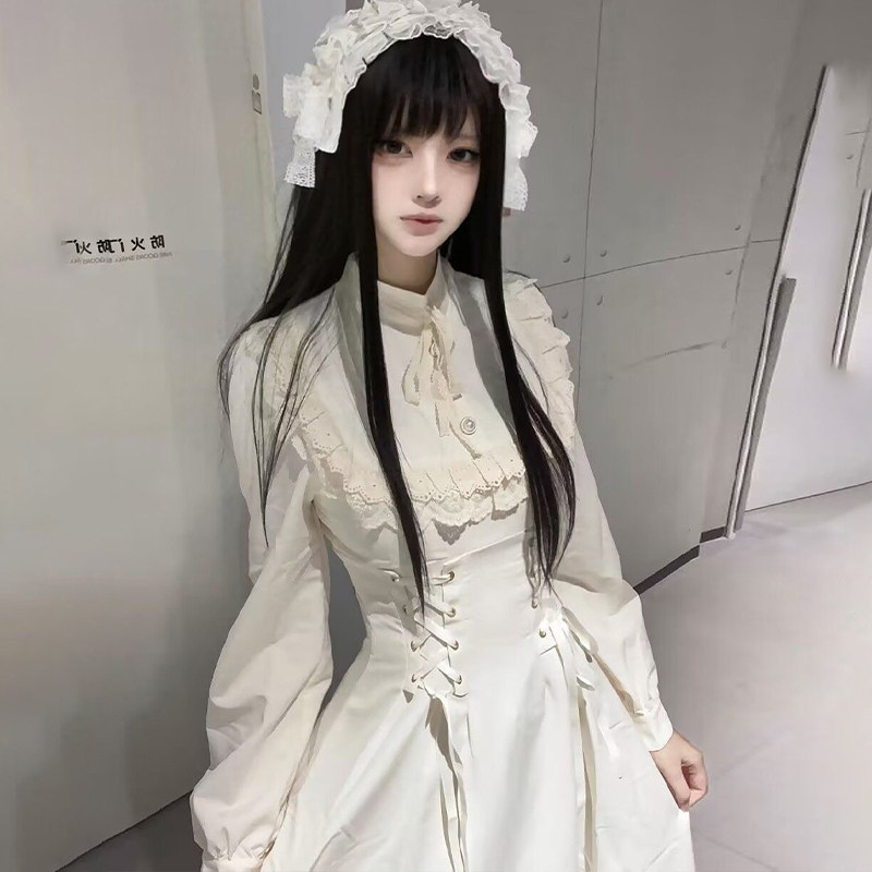 秋冬瓷哥特风lolita中世纪复古气质长袖收腰白色斗篷蕾丝连衣长裙