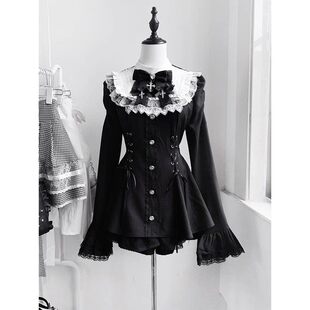 黑白哥特风量产蕾丝喇叭袖口水巾收腰显瘦套装洛丽塔lolita裙蕾服