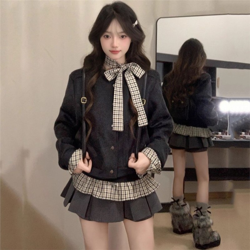 春秋新款韩系甜美温柔学院风上衣短裙外套三件套套装女