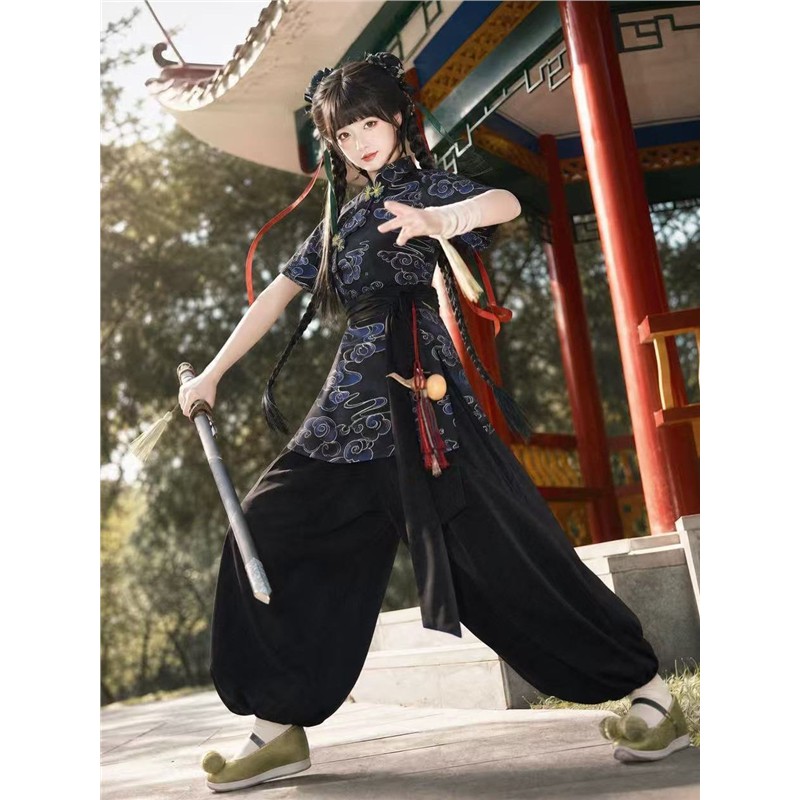 莞春集原创中华娘cos小厨娘旗袍立领旗袍套装武侠风灯笼裤新中式