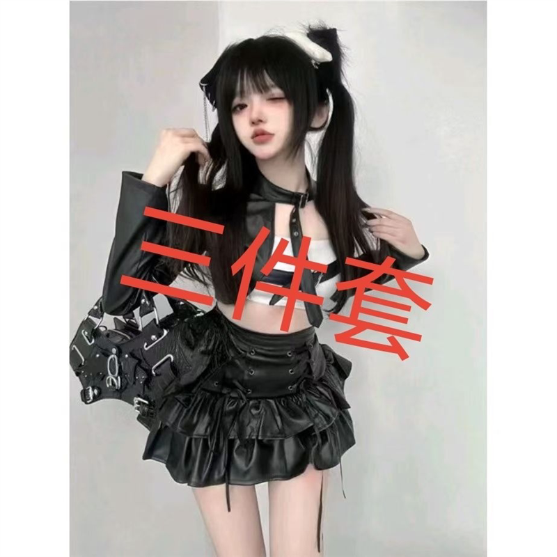 万圣节朋克甜酷辣妹设计感黑色上衣短外套抹胸绑带蓬蓬裙皮裙套装