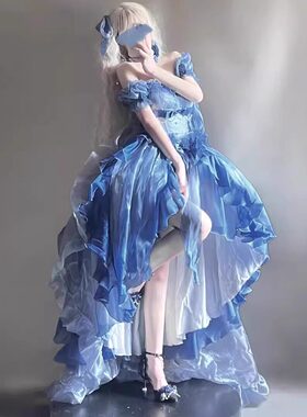 蓝色花嫁Lolita洛丽塔连衣裙洋装重工拖尾蓬蓬公主裙在逃公主裙