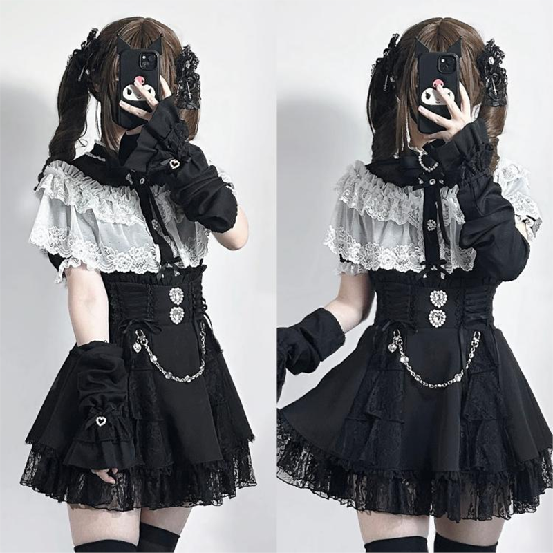 量产型蕾服原创日系 蕾丝斗篷重工接袖长短袖袖套衬衫