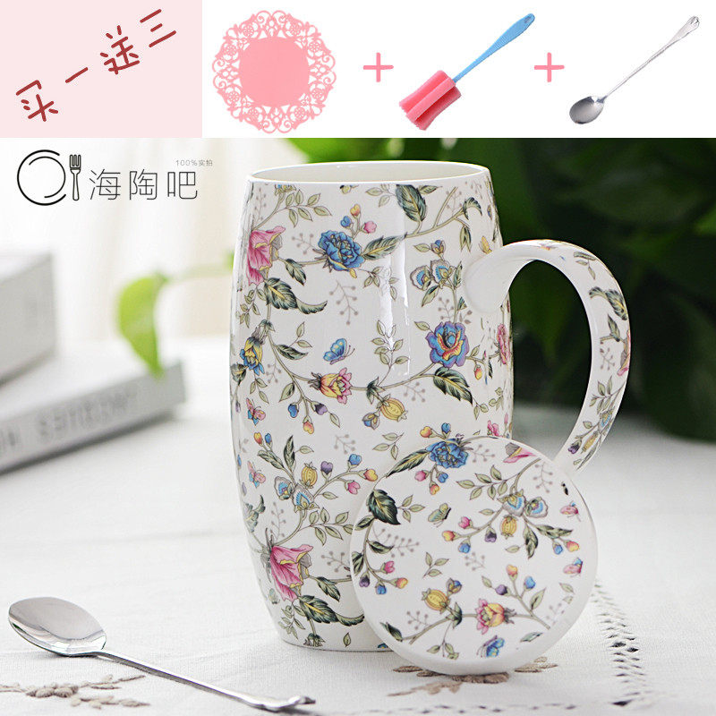 骨瓷大号水杯女爱超大马杯带盖勺带把早餐杯子