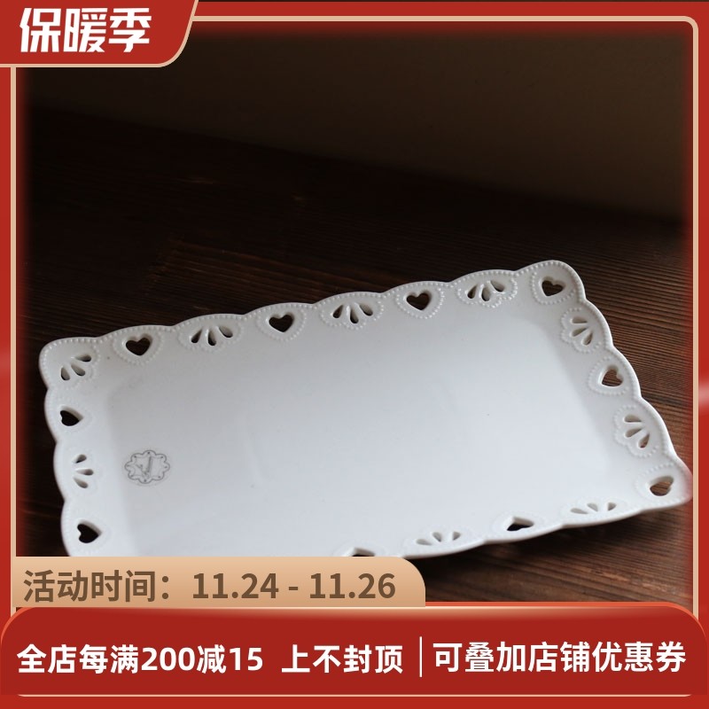 出口欧洲白色温镂空雕刻心形长方形欧式边长盘