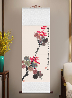 海棠杏梨卷轴挂画新水墨鸟装饰画客厅书房茶室春景壁画