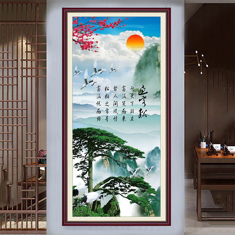 山流水自粘油画布墙画山水玄关饰画走廊过道壁画迎客松