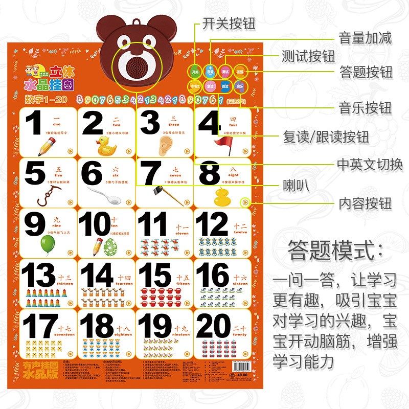 乖宝宝代水晶声挂图凹凸立体数字早教拼音发声识字卡语音