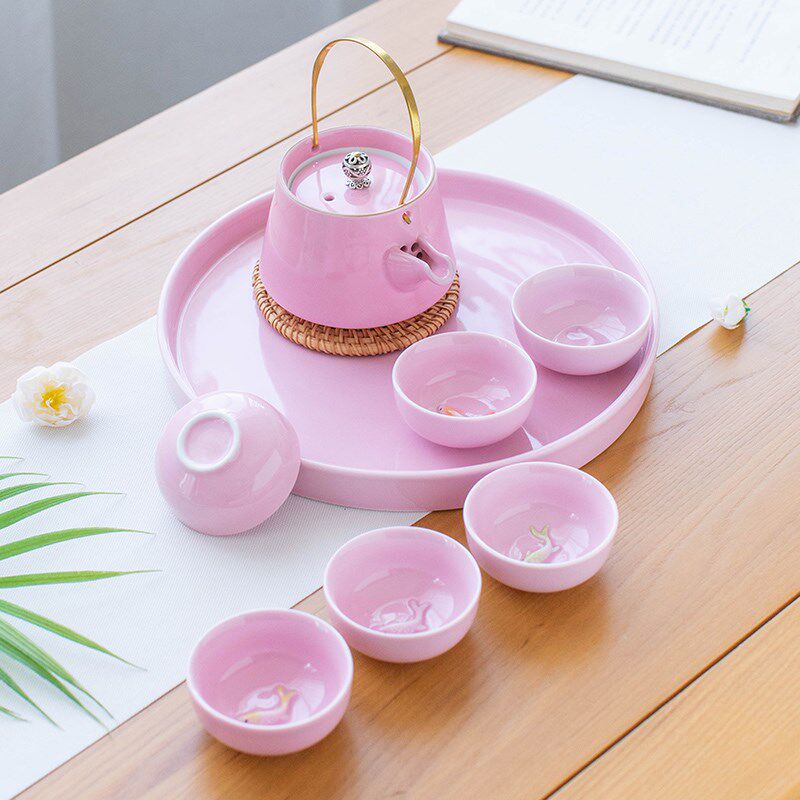 青瓷粉色陶居品茗功夫茶道具整幼儿童茶艺杯碗盏客