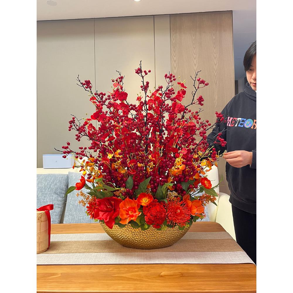 喜庆发财果彷真花插花乔迁入伙摆件花装饰花开业红果玄关年宵花艺