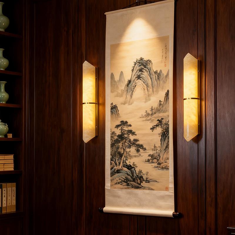 新中式全铜云石壁灯中古复古风轻奢玄关过道设计师高级感床头灯具