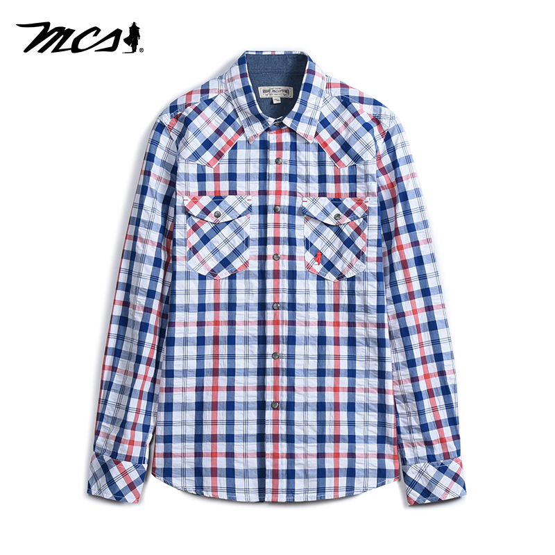 MCS男装源自万宝路春秋款纯棉三色格纹高级感美式扣子衬衫外套