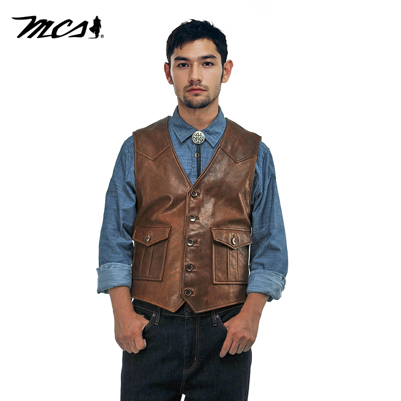 MCS商务休闲真皮夹克男士皮马甲