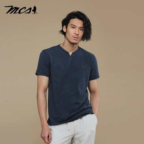 MCS纯色全棉亨利领休闲短袖T恤衫