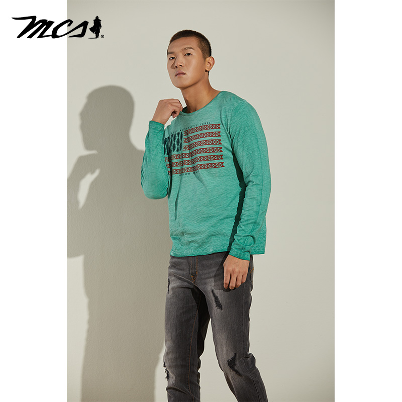 MCS男装源自万宝路美式复古合身罗纹圆领古着洗印花长袖棉T男