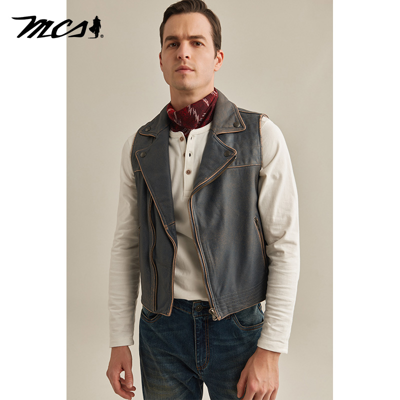 MCS复古机车牛皮修身皮马甲背心