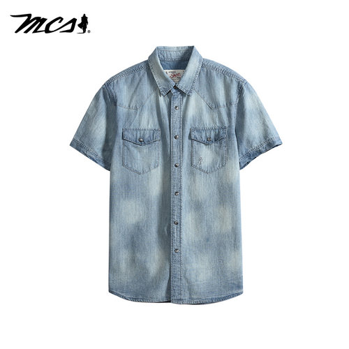 MCS男装源自万宝路夏季纯棉修身版衬衣男士水洗做旧牛仔衬衫