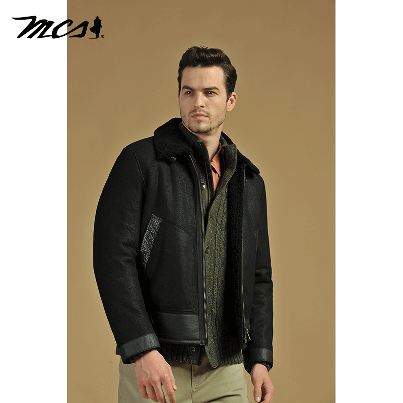 MCS合身翻毛领皮毛一体羊皮皮衣