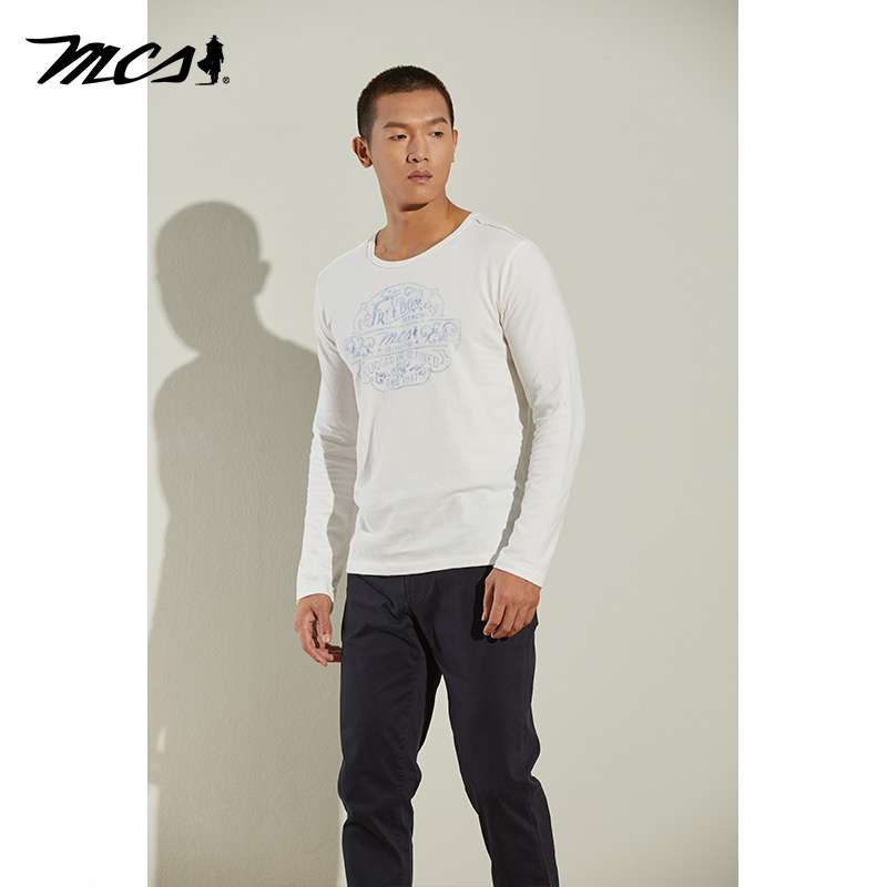 MCS男装纯棉亲肤美式印花长袖T恤