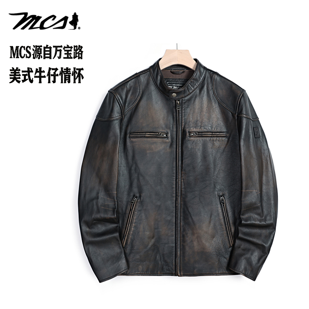 MCS美式复古立领牛皮革皮衣夹克