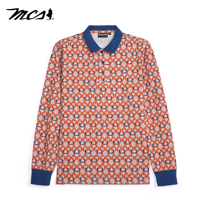 MCS男装纯棉透气花纹长袖POLO衫